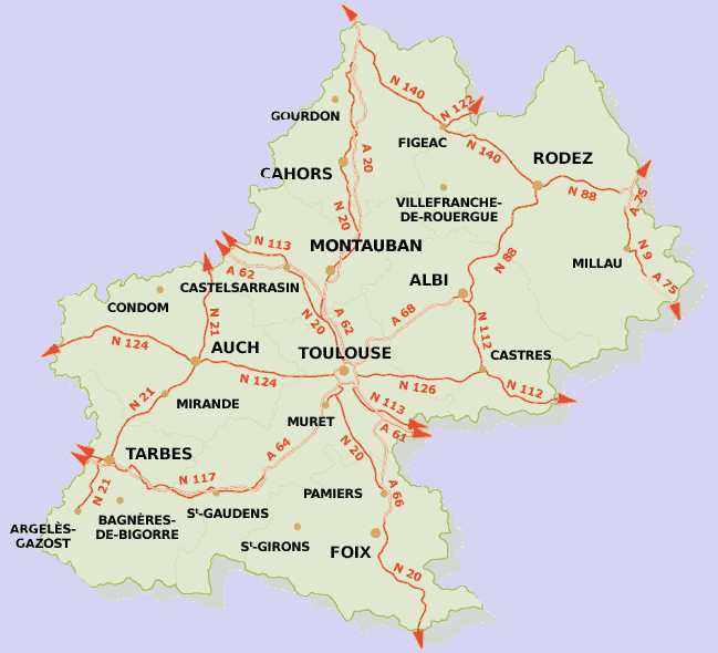 Карта автомобильных дорог провинции Южные Пиренеи